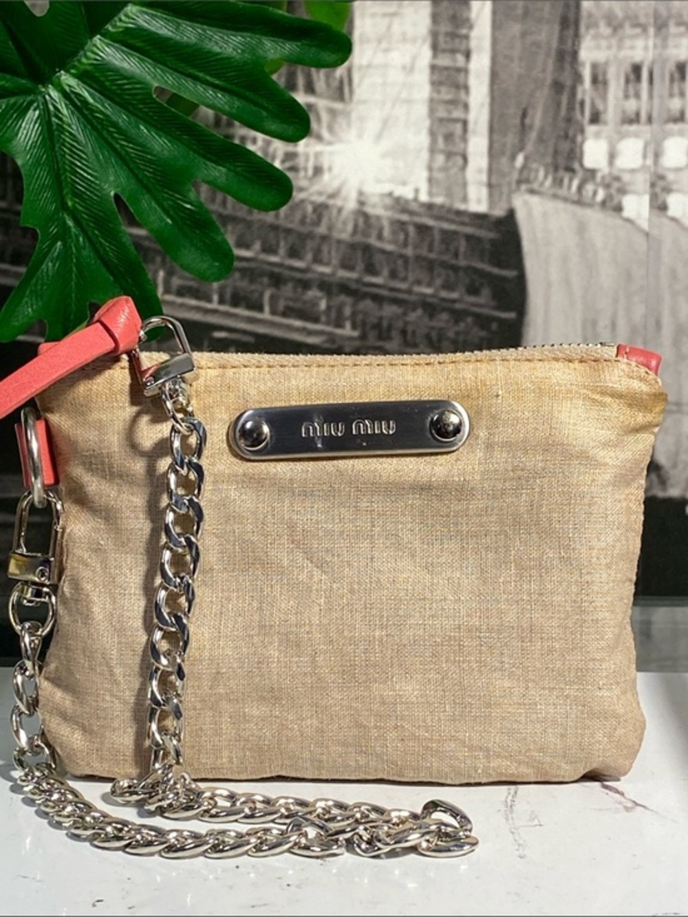Authentic Miu Miu Beige Linen Pouch with Coral Trim
